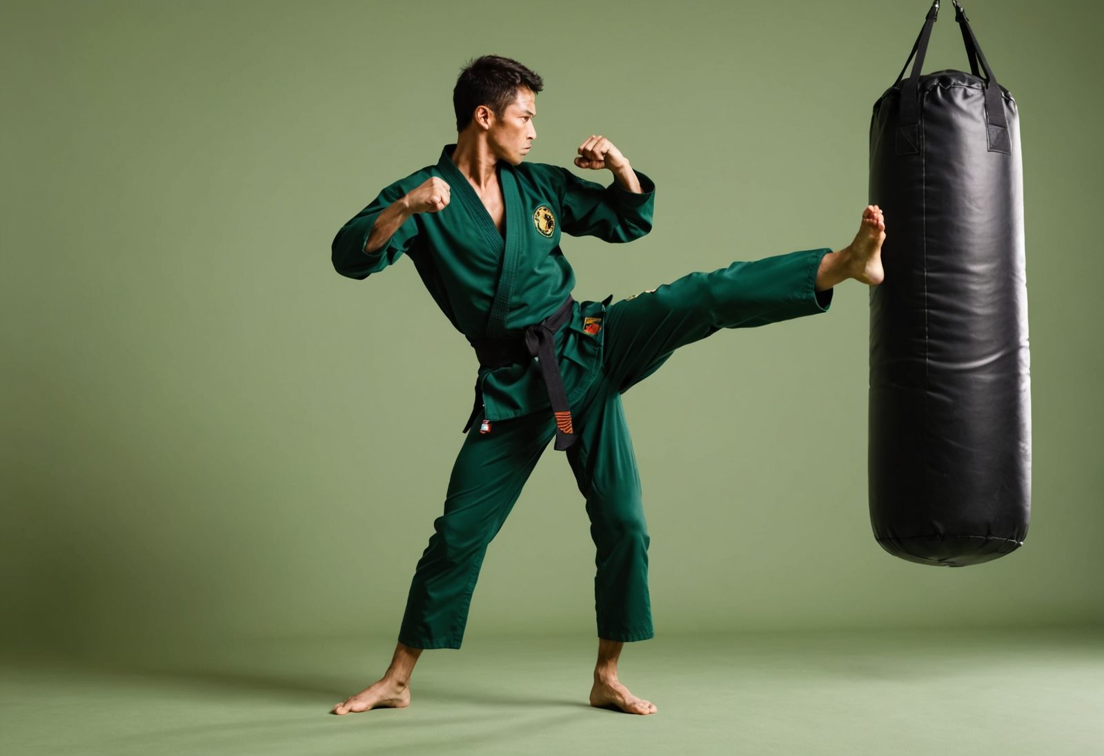 martial artist executing a powerful high kick during training