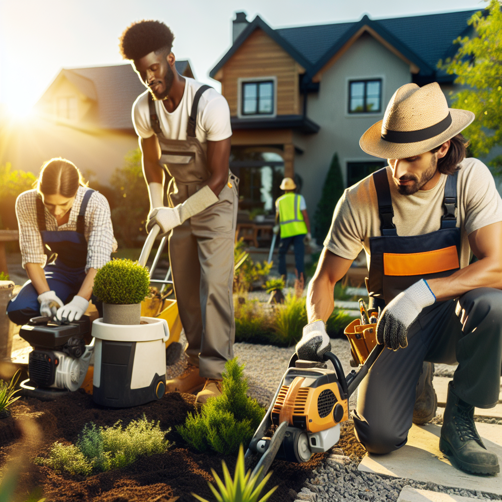 Professional landscaping team at work installing garden features